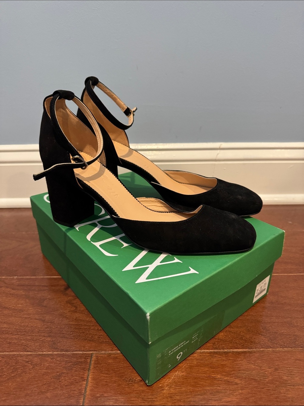 J. Crew Black Suede Ankle-Strap Block Heel Pumps womens 9.5